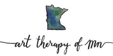 Logo with watercolor Minnesota and text 'art therapy of MN'.