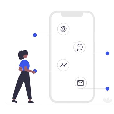 Female character pointing at ways to do internet marketing