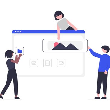 Male and female characters creating a webpage