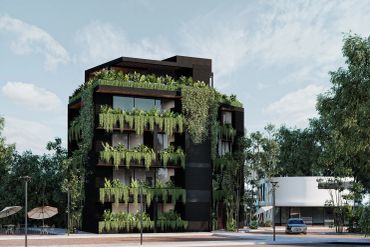 Edificio moderno con plantas colgantes.