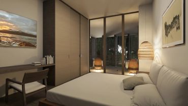 Habitación moderna con iluminación cálida y ventana grande.