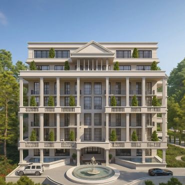 Fachada elegante de edificio residencial con columnas y fuente.