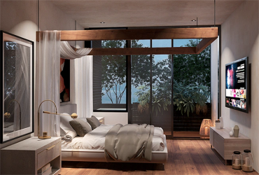 Dormitorio moderno con una cama grande y ventana panorámica.