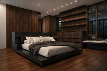 Dormitorio moderno con cama baja y estanterías de madera.