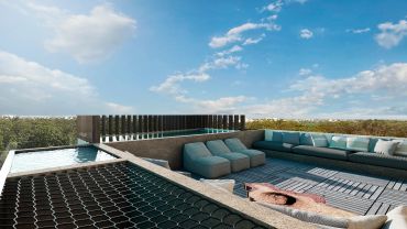 Terraza moderna con piscina y muebles de exterior.