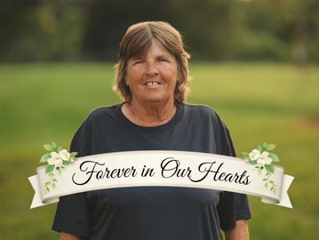 Portrait of a smiling woman with 'Forever in Our Hearts' banner.