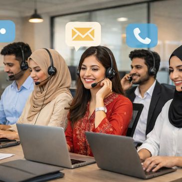 Diverse call center team communicating with clients using headsets and laptops.