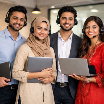 Confident call center team with headsets and laptops posing together at work.