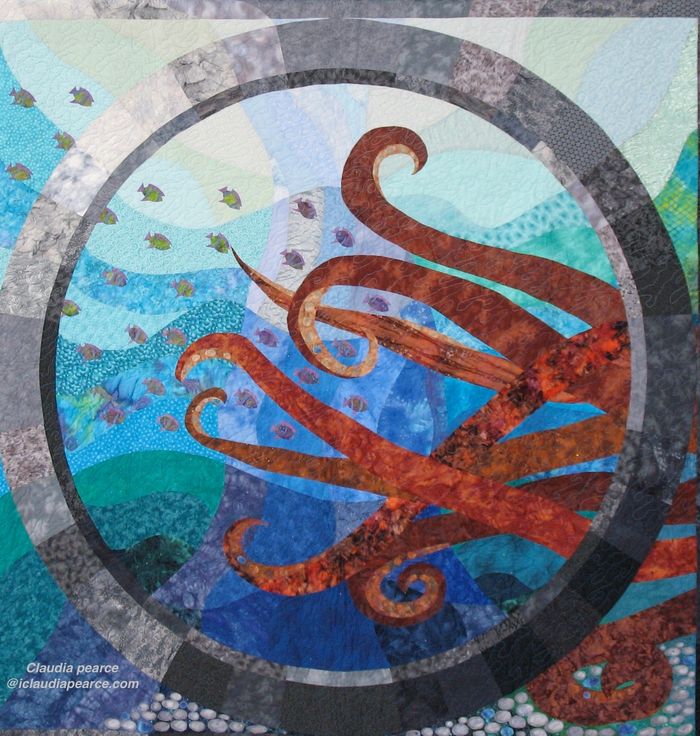 Quilt of porthole with Octopus tentacles and fish
