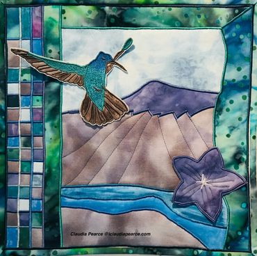 Humming bird and balloon flower over caribbean mountain. 12"x12"