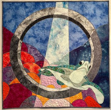 Sea turtle over reef with porthole.