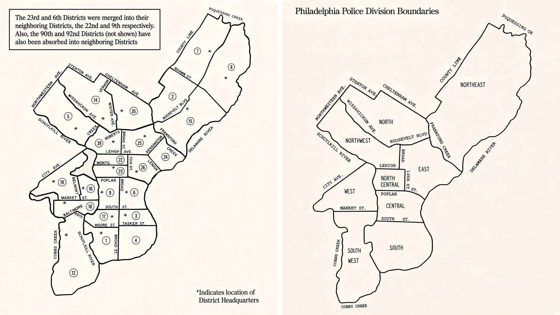 Map showing Philadelphia Police Division Boundaries with district numbers and locations.