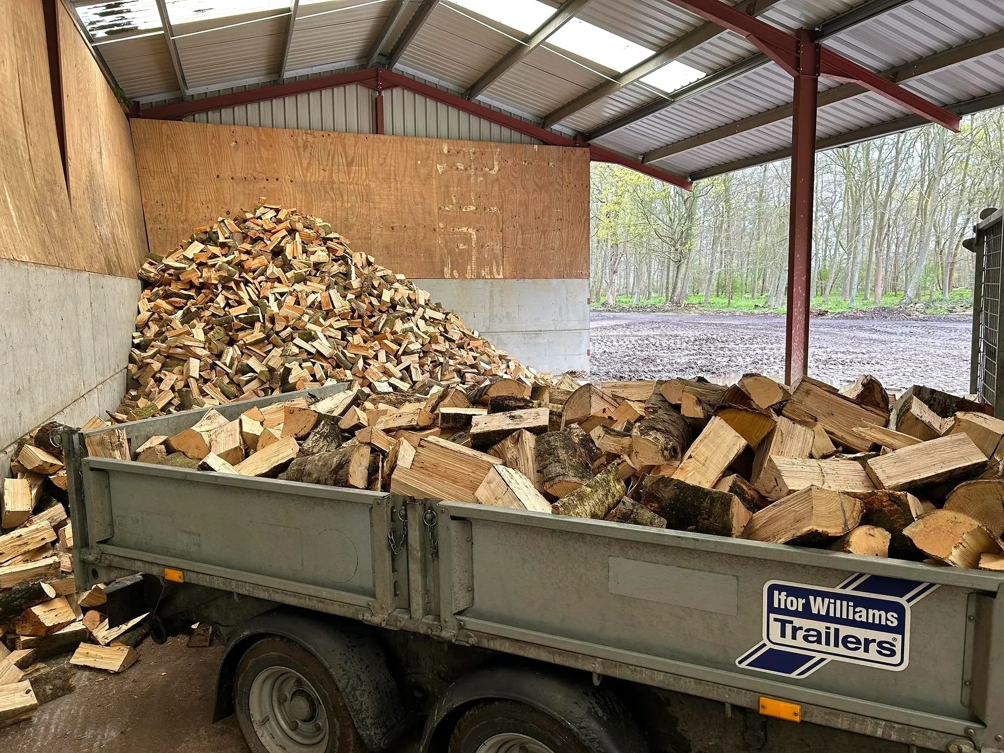 Trailer full of logs in a barn with firewood