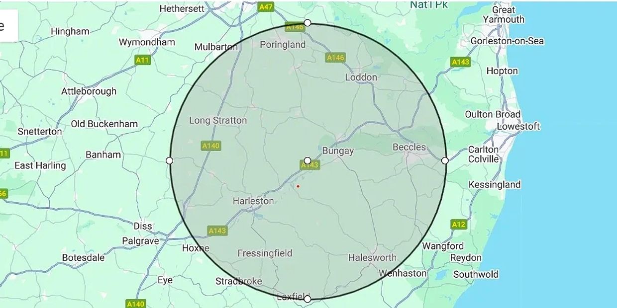 Map of Norfolk and Suffolk border with a circle around ten mile radius of 