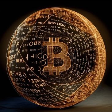 Glowing Bitcoin symbol surrounded by digital code and circuit patterns.
