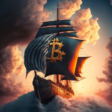 A majestic ship sails through clouds with Bitcoin symbol on its sails at sunset.