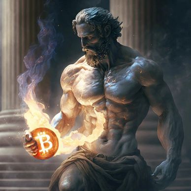 A muscular god-like figure holding a flaming Bitcoin symbol.