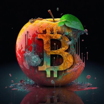 A melting apple with a Bitcoin symbol carved inside, dripping colorful liquid.