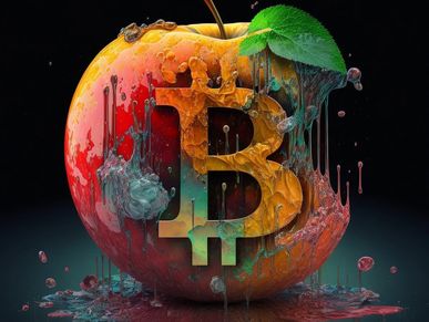 An apple melting with a Bitcoin symbol embedded, dripping with colorful liquid.