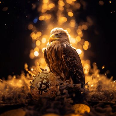 A majestic eagle perched beside a glowing Bitcoin coin with golden bokeh lights.