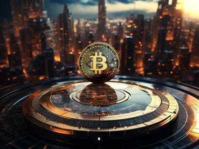 A shining Bitcoin symbol floating over a futuristic cityscape at sunset.