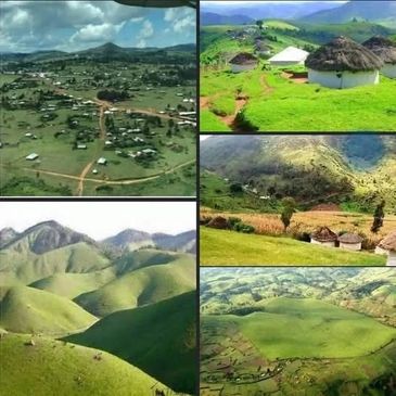 Scenic views of green hills and traditional huts in a rural area.