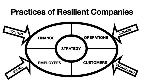 Diagram of resilient company practices and influencing factors.