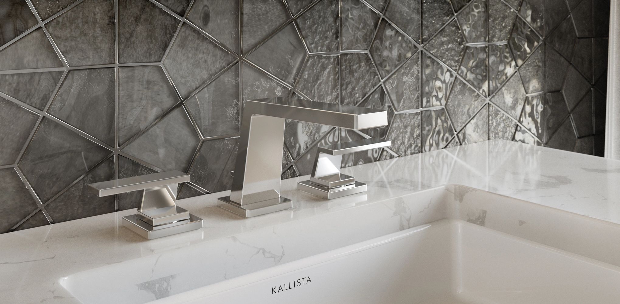 Kohler Kallista bathroom rendering featuring a 3D rendered faucet in brushed chrome