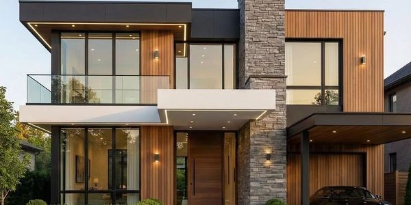 Modern two-story house with wood paneling, stone accents, and large glass windows.