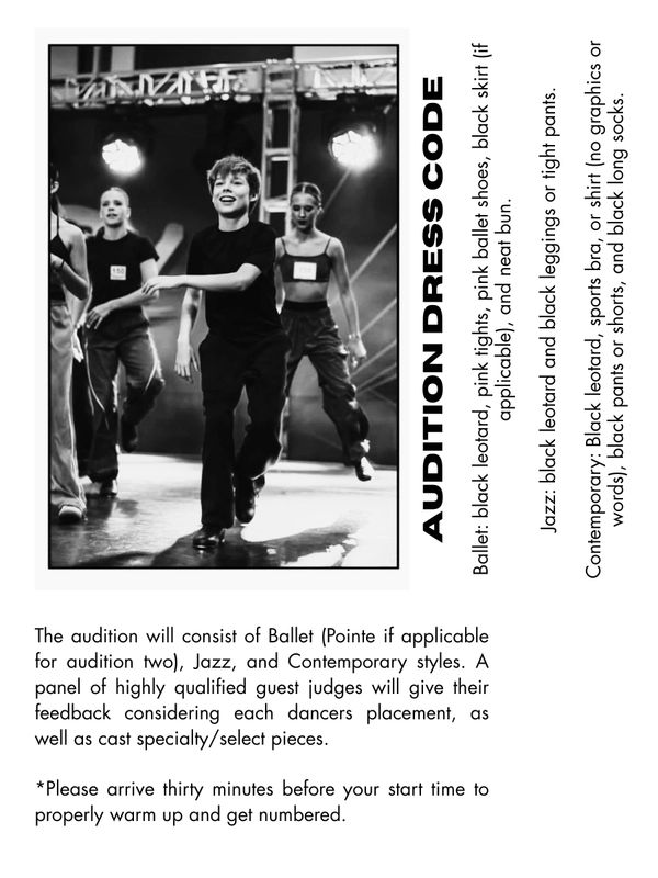 Dancers auditioning on stage with dress code instructions.