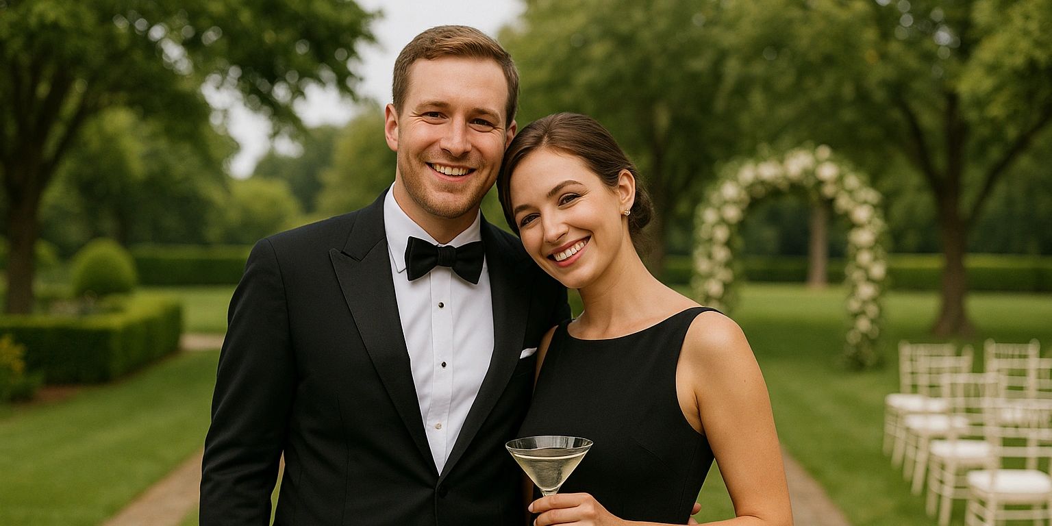 A smiling couple dressed elegantly, posing outdoors at a formal event.
