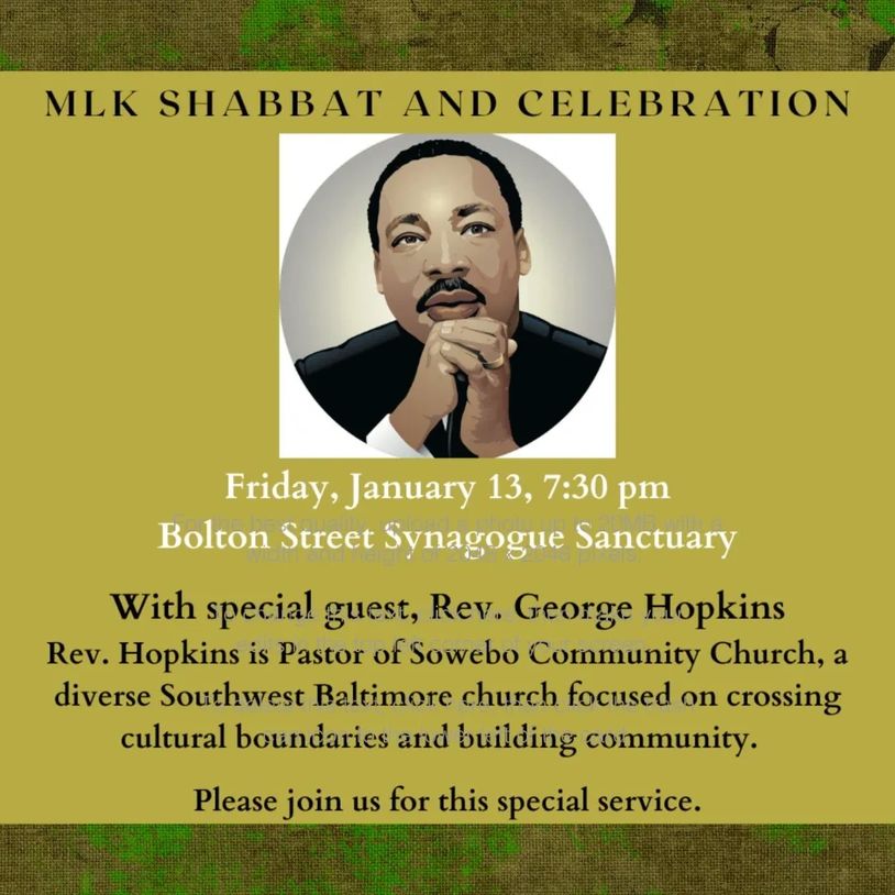 MLK Shabbat celebration with Rev. George Hopkins at Bolton Street Synagogue on January 13.