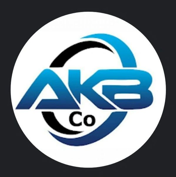 Logo of AKB Co featuring blue and black curved elements.