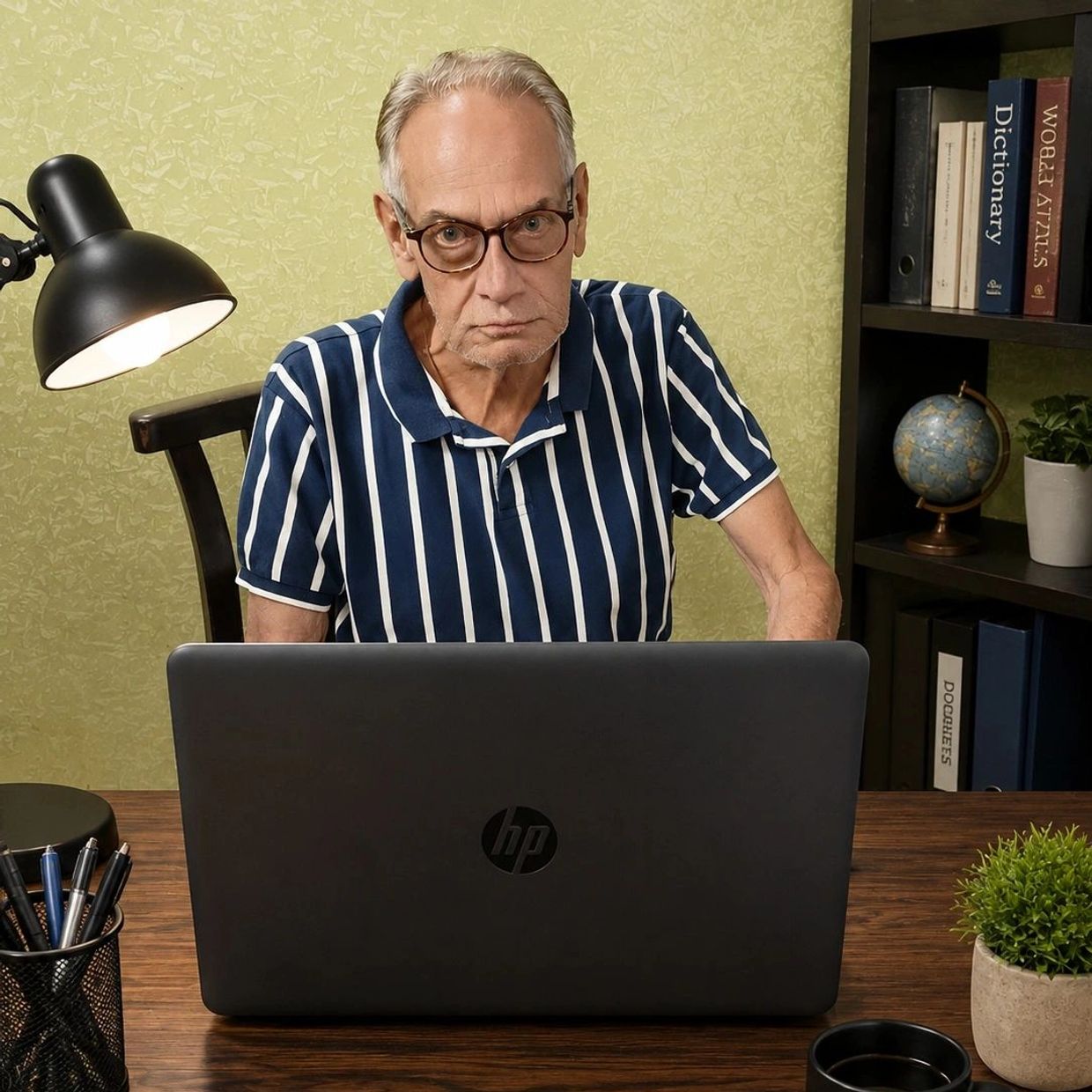 Elderly man in striped shirt using a laptop at a desk with books and plants.