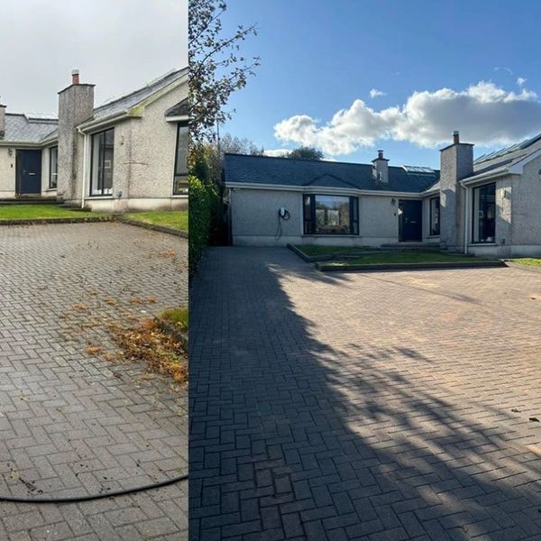 Side-by-side comparison of the same house's driveway, before and after cleaning.