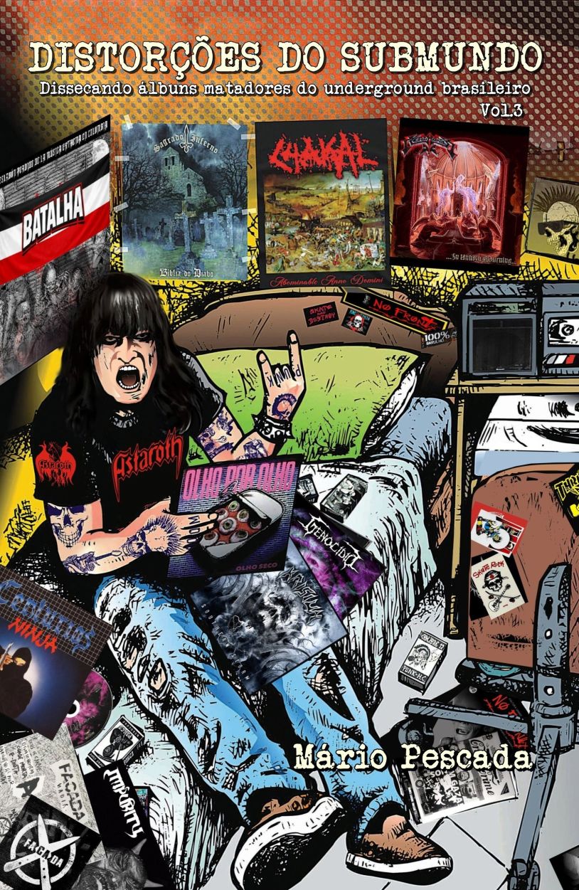 Ilustração de fã de metal underground brasileiro com discos e pôsteres em seu quarto.
