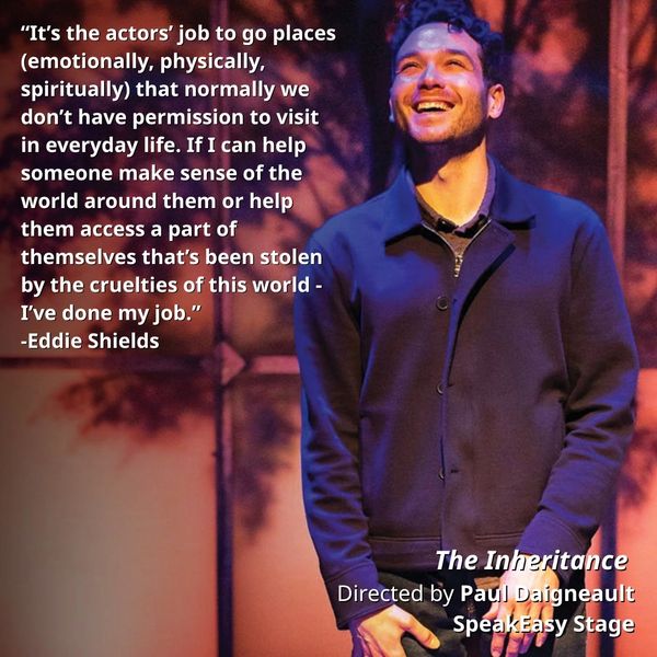 Actor smiling on stage with a quote about the actor's emotional journey and purpose.