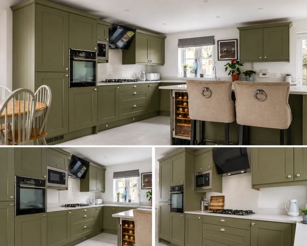 Kitchen after in olive green showing all units now all same colour including island 