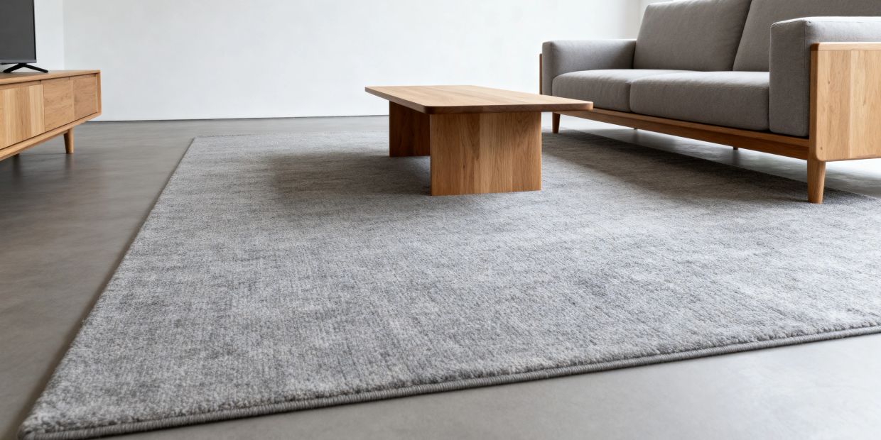 Modern living room with gray rug, wooden furniture, and a gray sofa.