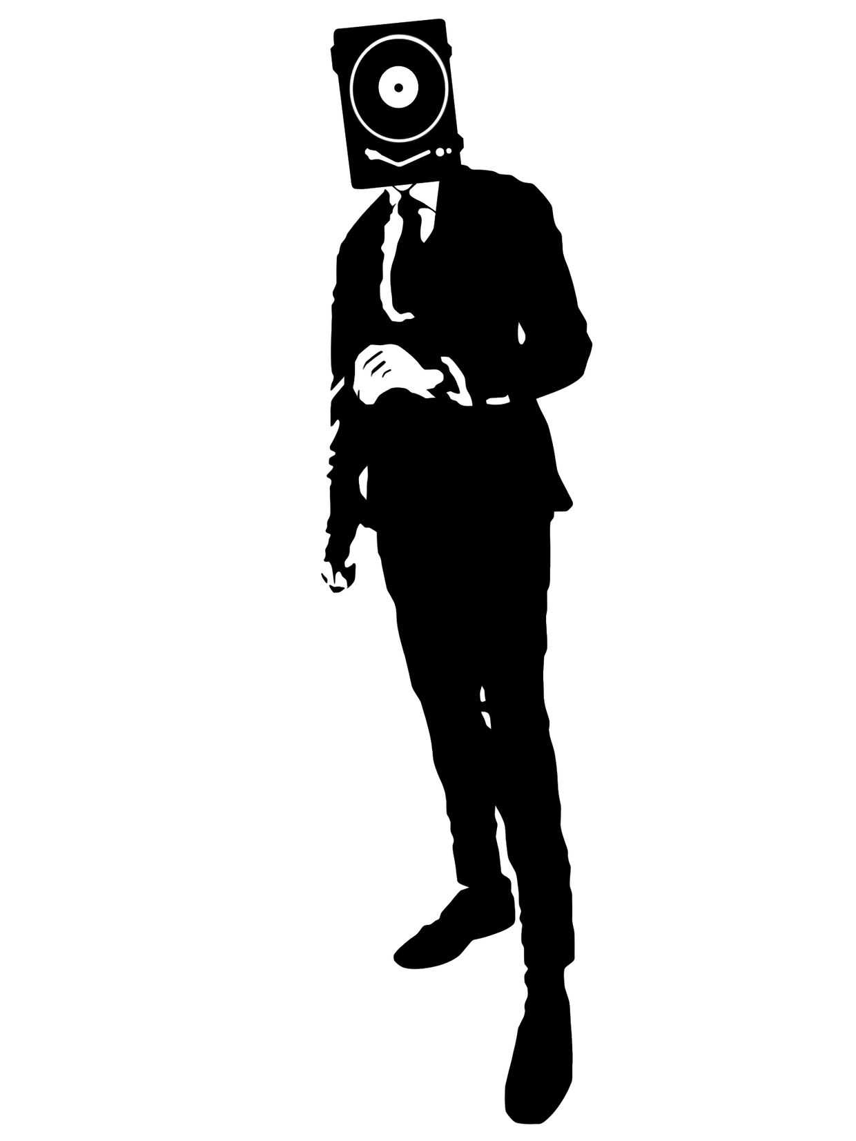 Silhouette of a man in a suit with a turntable as a head.