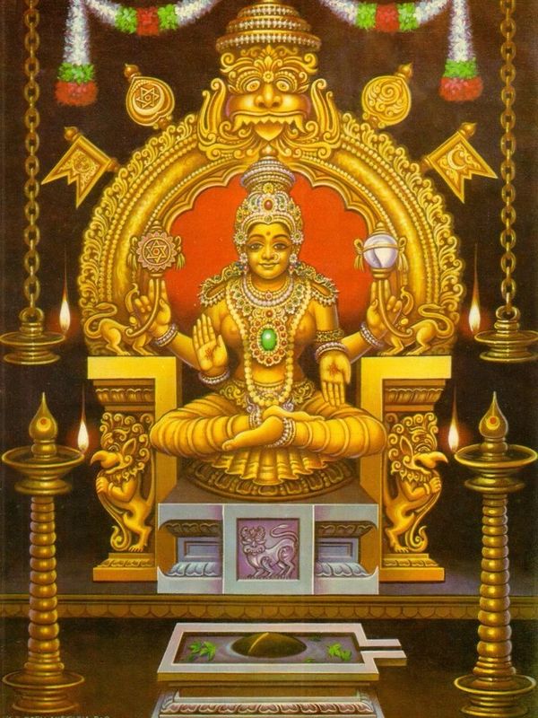 Intricately adorned Hindu deity seated on a golden throne, surrounded by traditional lamps and floral garlands.