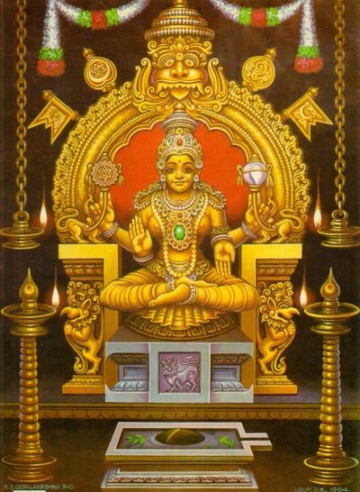 Intricately adorned Hindu deity seated on a golden throne, surrounded by traditional lamps and floral garlands.