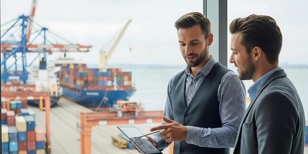 Two businessmen discussing in front of shipping containers and cranes.