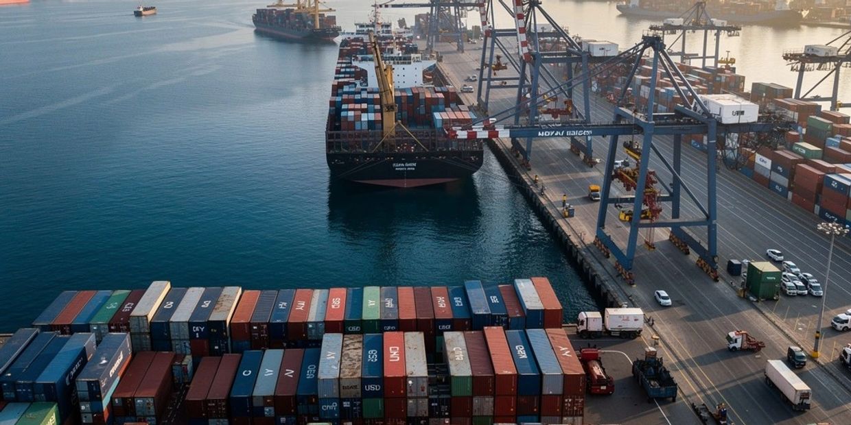 Busy container port with ships and cranes.