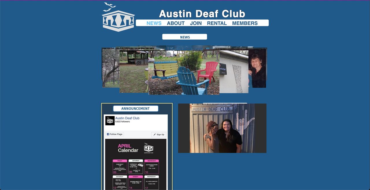 This image shows a screenshot of the homepage for the Austin Deaf Club's website. The webpage has a deep blue header with the club's logo, which features an emblem with two flying doves and a stylized roofline, suggesting a community or gathering place. Below the logo, the navigation bar includes links labeled "NEWS," "ABOUT," "JOIN," "RENTAL," and "MEMBERS." This image shows a screenshot of the homepage for the Austin Deaf Club's website. The webpage has a deep blue header with the club's logo, which features an emblem with two flying doves and a stylized roofline, suggesting a community or gathering place. Below the logo, the navigation bar includes links labeled "NEWS," "ABOUT," "JOIN," "RENTAL," and "MEMBERS."