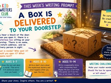 Writing prompt for kids about a mysterious box delivered to their doorstep.