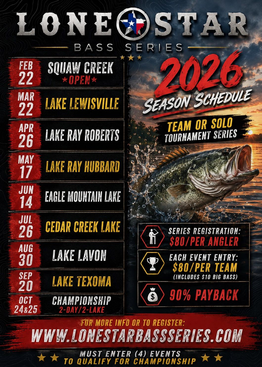 Lone Star Bass Series 2026 schedule with lakes and registration details.