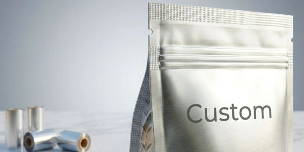 Custom silver foil pouch packaging with rolls in the background.