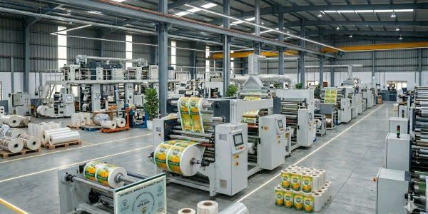 A large industrial printing facility with multiple machines printing colorful packaging labels.