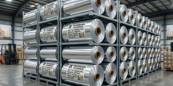 Stacked pallets of laminated plastic rolls in a warehouse.
